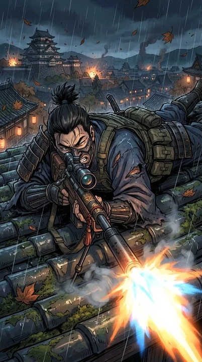 Снайпер в позе лёжа,武士 в белом городе под луной