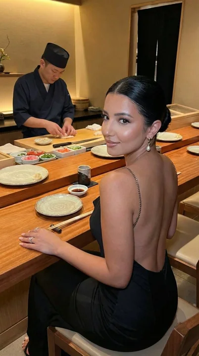 النساء الأنيقة في مطعم السوشي الفاخر يلتفتون للوراء