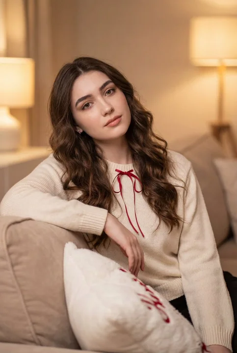 صورة فتاة جميلة فائقة الواقعية على أريكة ذات ضوء دافئ
