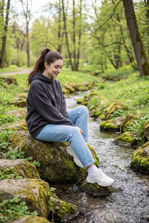 溪畔绿林间的静谧少女