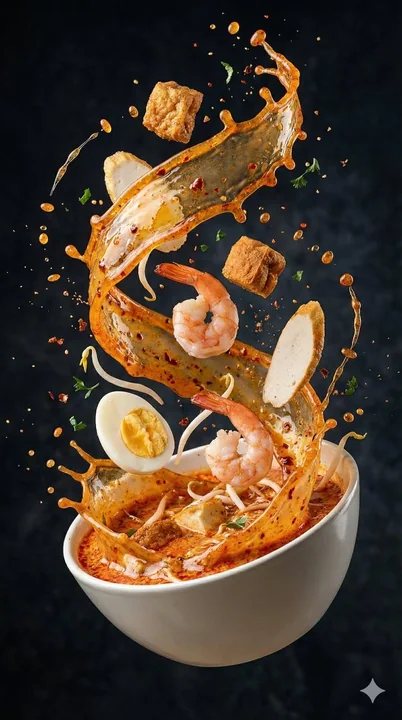 لحظة ارتفاع مكونات الحساء الآسيوي في الهواء