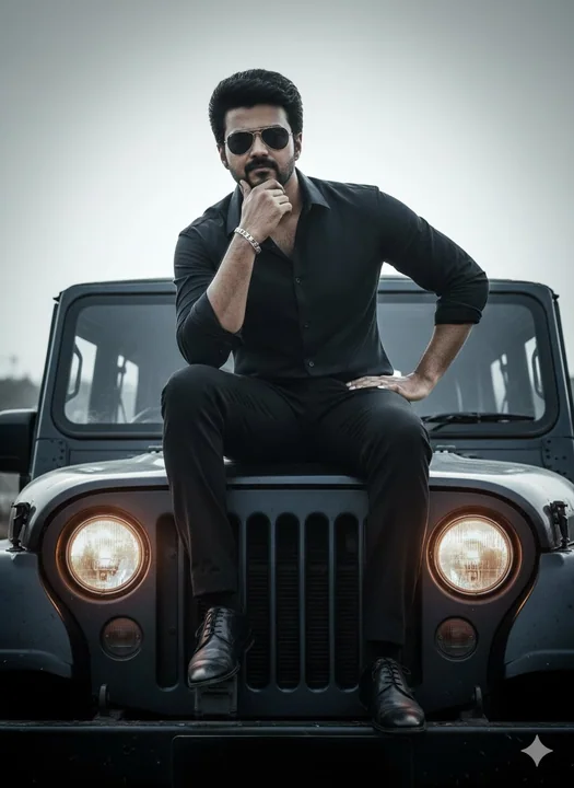 夜のジープ車上の超現実的なハードボディの肖像画