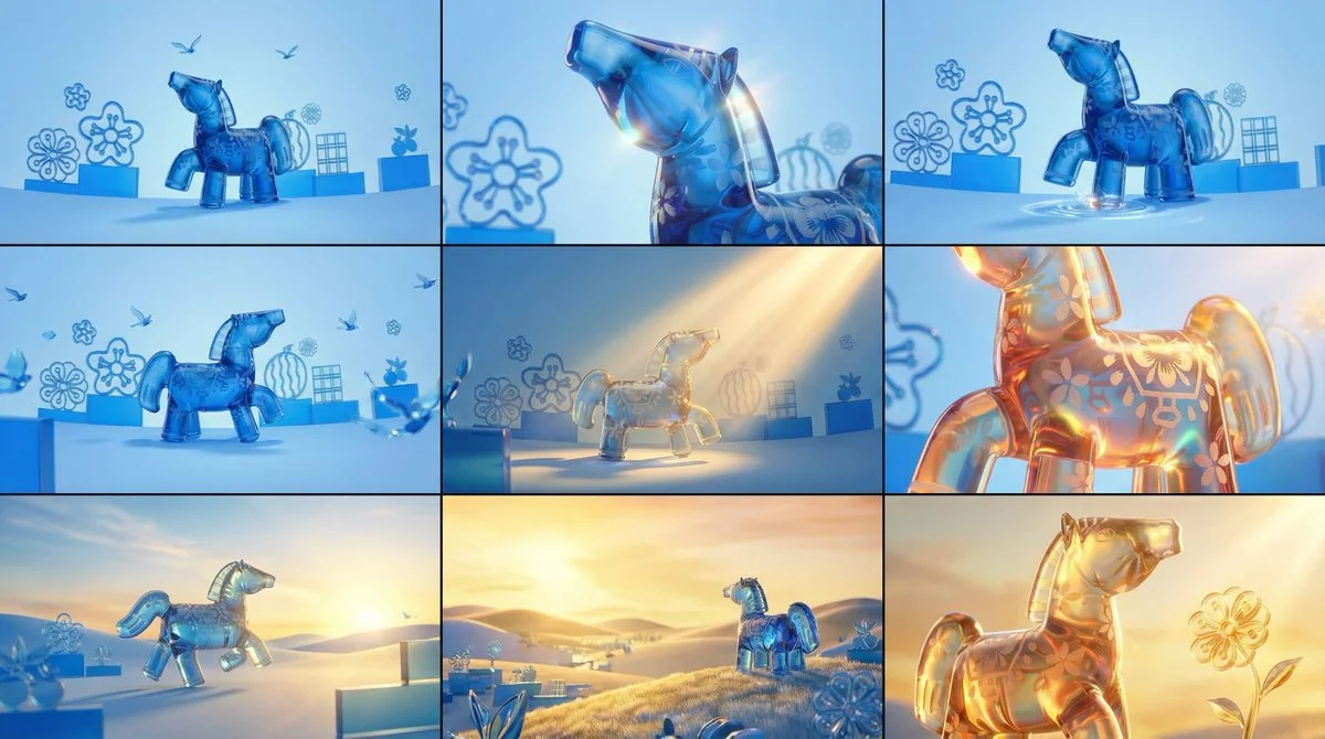 Lapis lazuli illusionary horse, bathed in light, turns to gold and gallops into the sunset.