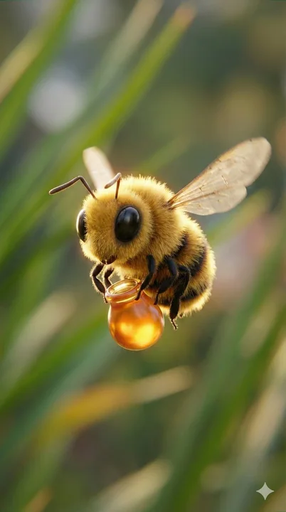 نحلة صغيرة مغطاة بالขน تطير مع العسل