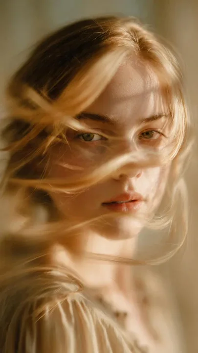 Portrait dynamique flou d'une jeune fille brune au cheveux dorés