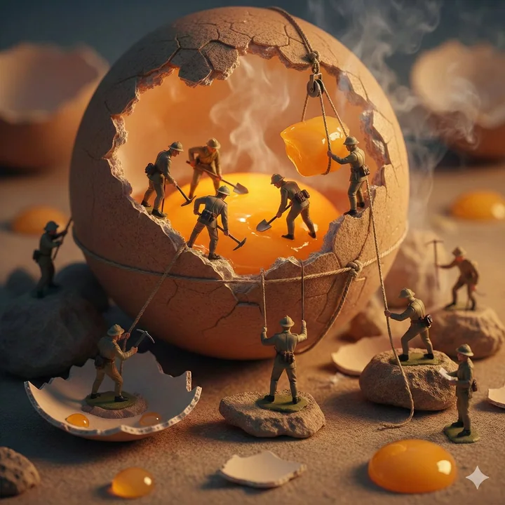 ミニチュアな玩具兵が発光する巨大卵の殻を登る