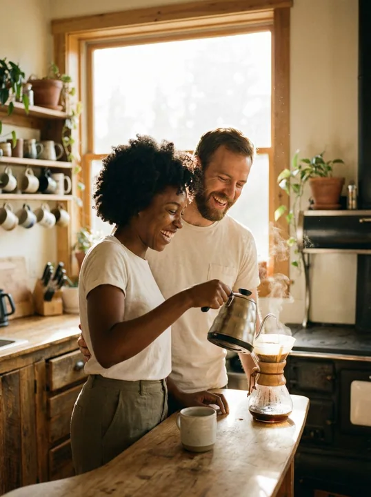 Le moment du café dans la cuisine sous les premières lueurs du jour