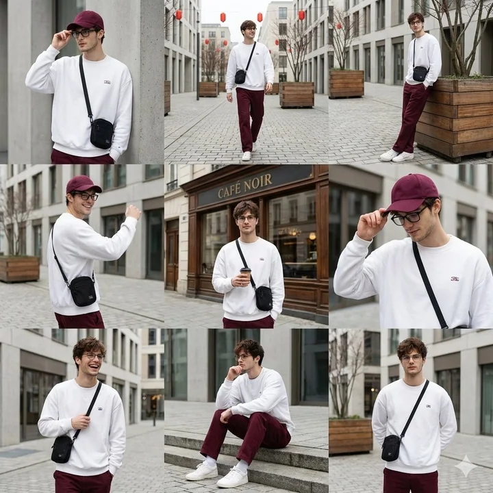 Urban Wine Red Men's Fashion Nine-grid Street Snapshots