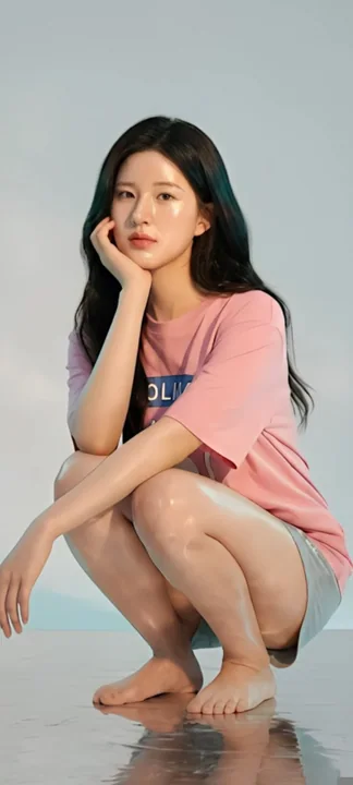 Zhao Lusi en chemise à motif chat rose, photoshoot détendu à la maison