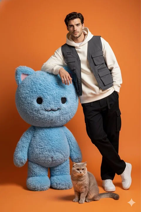 オレンジのスタジオで、潮男とスプリングマジックのぬいぐるみの写真