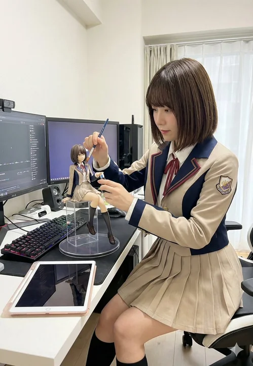 The girl gently wipes the miniature figure on the table.