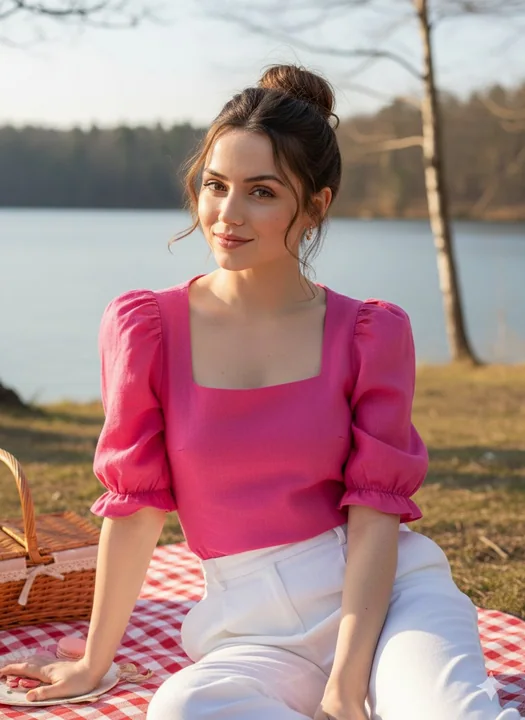 Early spring lakeside picnic: a girl in a pink dress playfully demonstrates skincare products