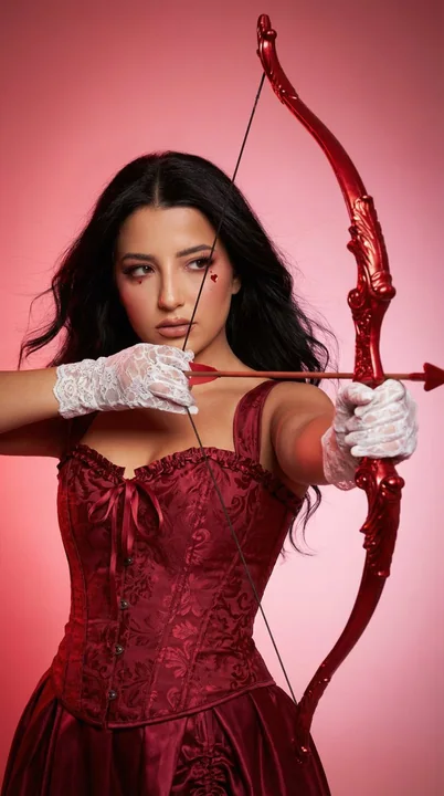 Romantic Baroque Girl's Arrow Shooting Photoshoot in Deep Red