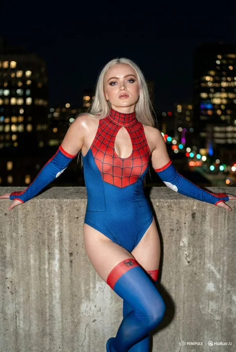夜幕下蜘蛛侠女郎闪光写真