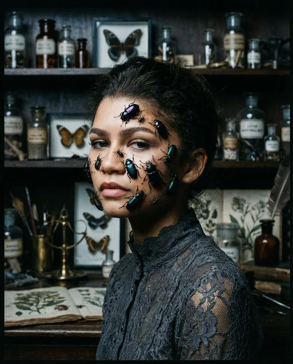 维多利亚昆虫面纱的超现实肖像