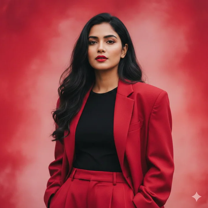 红唇卷发印度美女超写实西装肖像