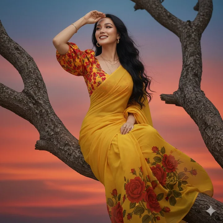 夕阳树枝上眺望的纱丽美人