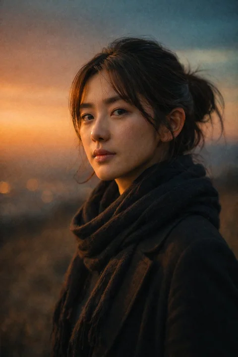 侧脸的东方少女在电影感日落下