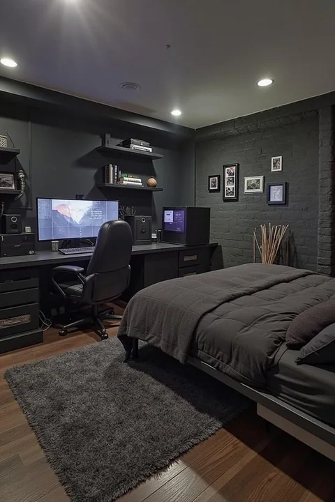 暗黑系现代电竞卧室与工作区室内摄影