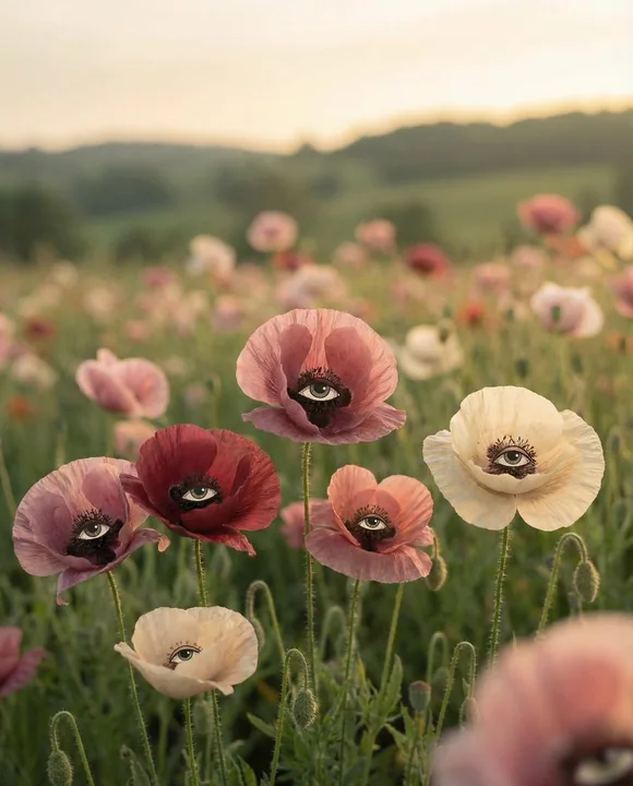 凝视你的超现实红粉罂粟花田