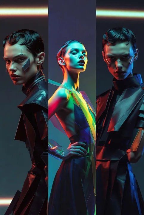 前卫时尚三联画：超模凌厉凝视