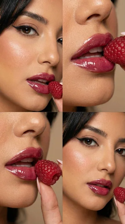 Lèvres rouges de framboise en macro