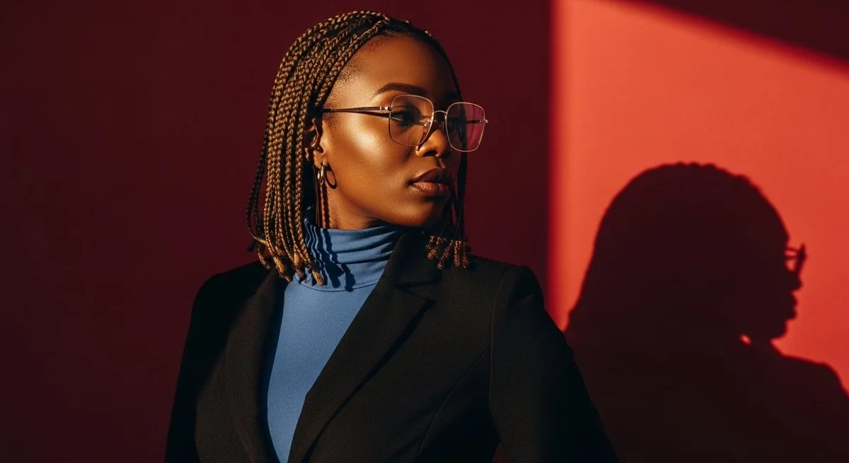 Élégante jeune femme noire sous les ombres des murs rouges