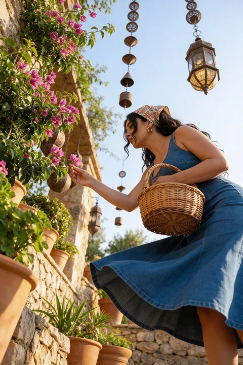 Femme aux formes de sablelier parfaite cueillant des fleurs dans un jardin méditerranéen