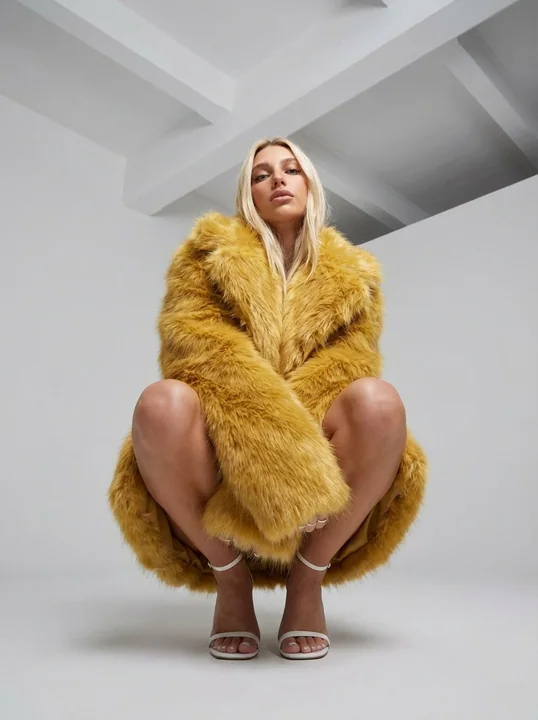 金色のファーで包まれた上からの高級ファッションモデルの肖像画