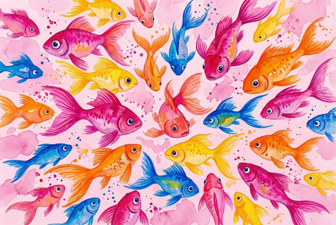 水彩の筆で描かれたかわいらしいカラフルな魚の群れ