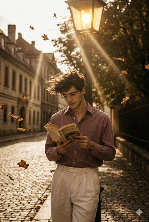 Autumn leaves and a retro 90s boy under the streetlight