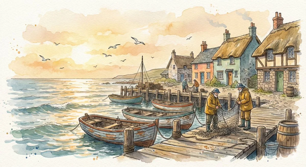 水彩画风格的海滨渔村傍晚童话绘本