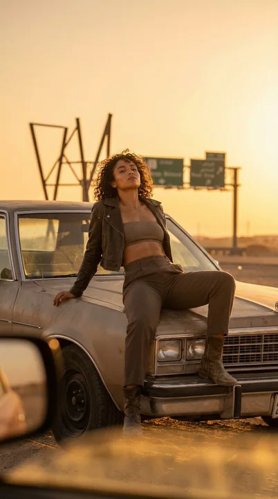 落日沙漠公路的皮衣时尚