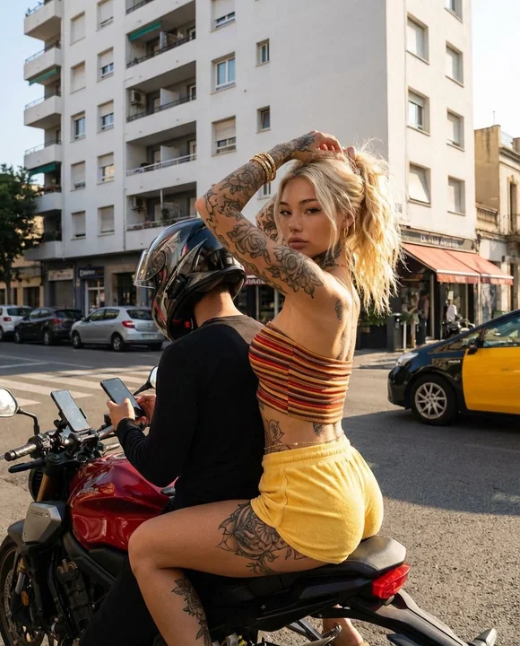 纹身机车辣妹在金色夕阳下