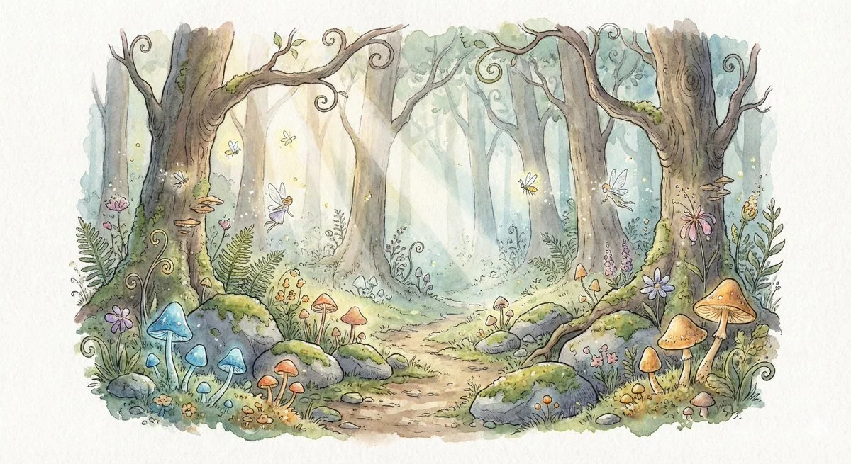 朝焼けの光に包まれた魔法の森の秘境