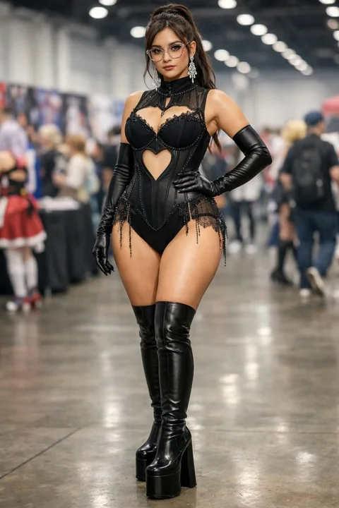 展会女王：レースレザーミストレスが自信を持ってポーズを取る