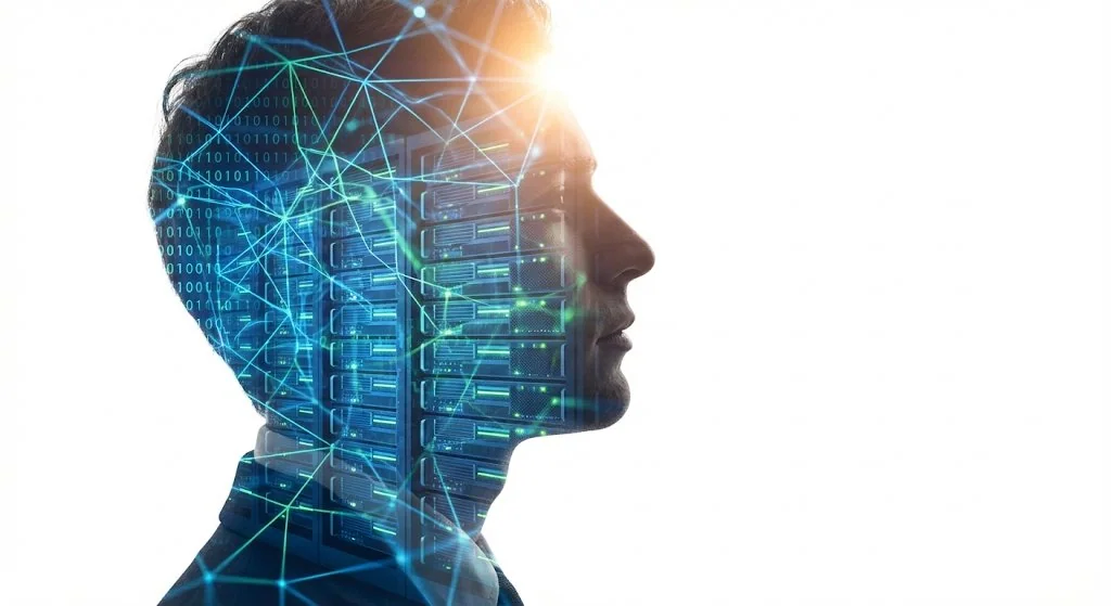 Тени инженеров ИИ на фоне двойной экспозиции