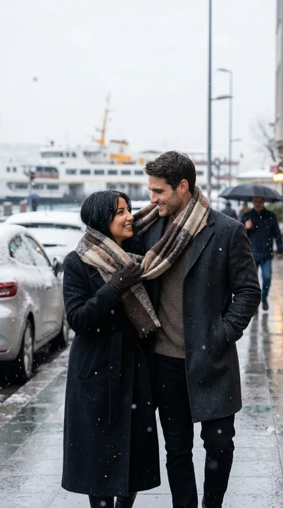 Gentle street style photo of sharing a scarf on a snowy day