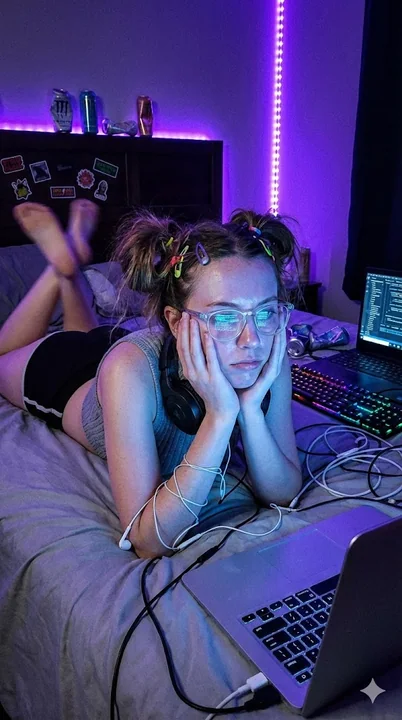 Melancholic esports girl under a cold blue screen