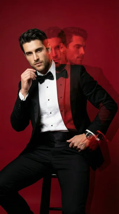 Veston à queue de pie en surimpression dans l'atelier de couleur vermillon