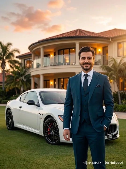 夕焼けの下で豪華な住宅を走る紳士