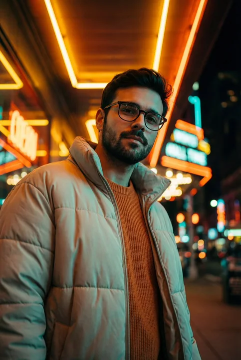 Fashion portrait in neon tunnel with a green and orange hue