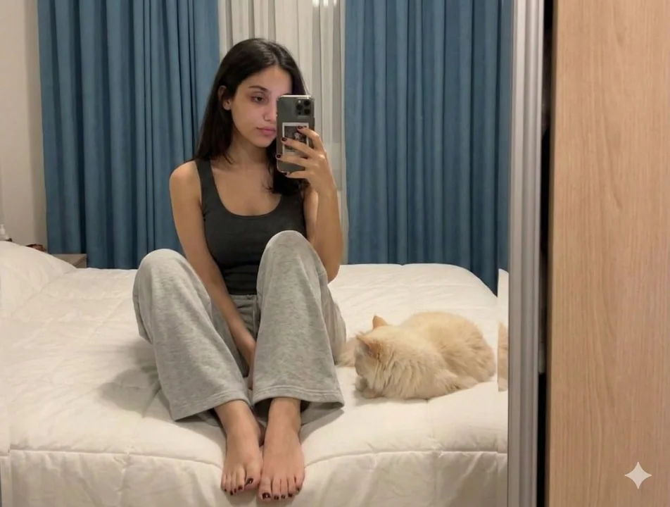 Long-haired girl and cat's lazy mirror selfie