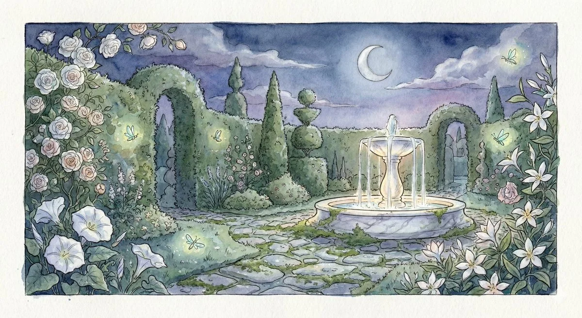 Watercolor Dream in the Midnight Enchanted Garden