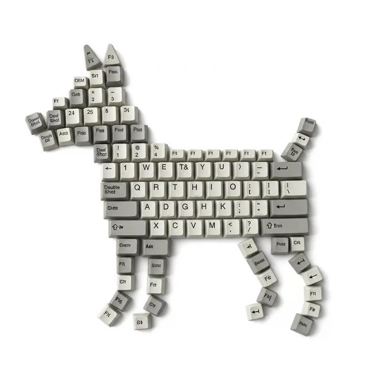 Realistic puppy made of mechanical keycaps viewed from above