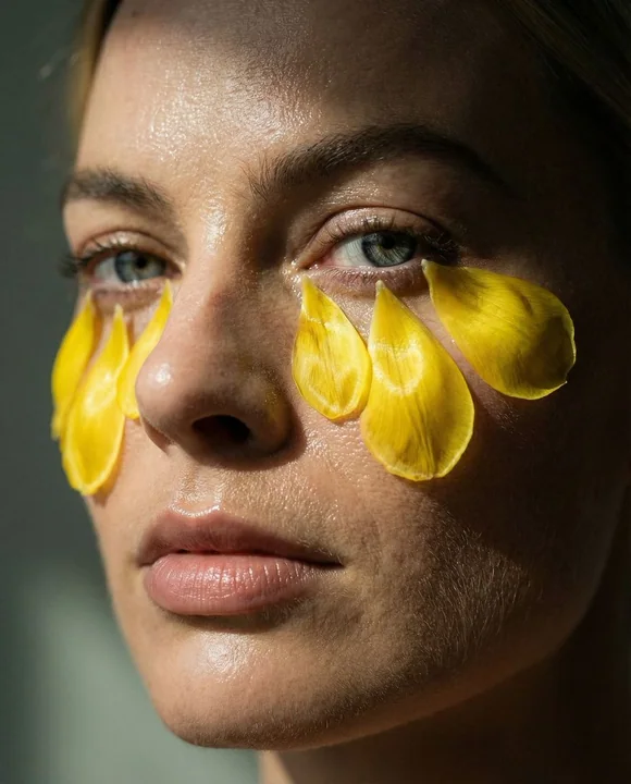 Macro superrealistic portrait with petals condensed into tears