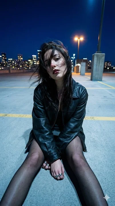 Cold-Faced Cool Girl at the Blues Hour on the Rooftop