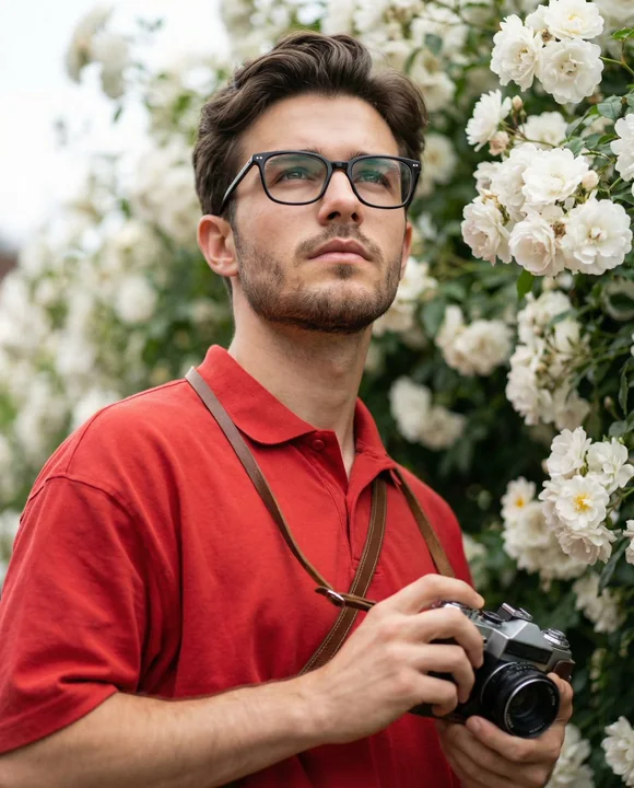 Girl with a vintage camera looking up among white flowers