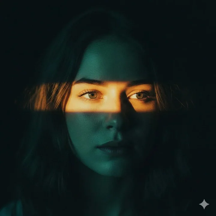 Mysterious portrait of a girl with golden light flashing across her eyes