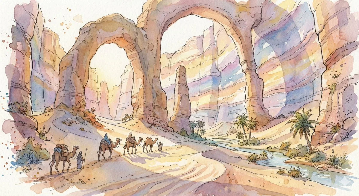 Fantasy Watercolor Merchant in the Oasis of the Giant's Canyon